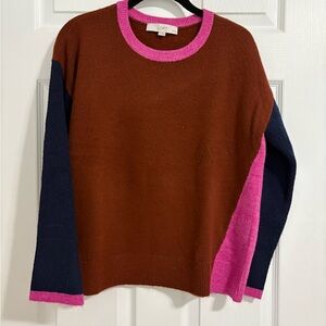 LOFT Brown and Pink Crewneck Sweater with Colorblock Design